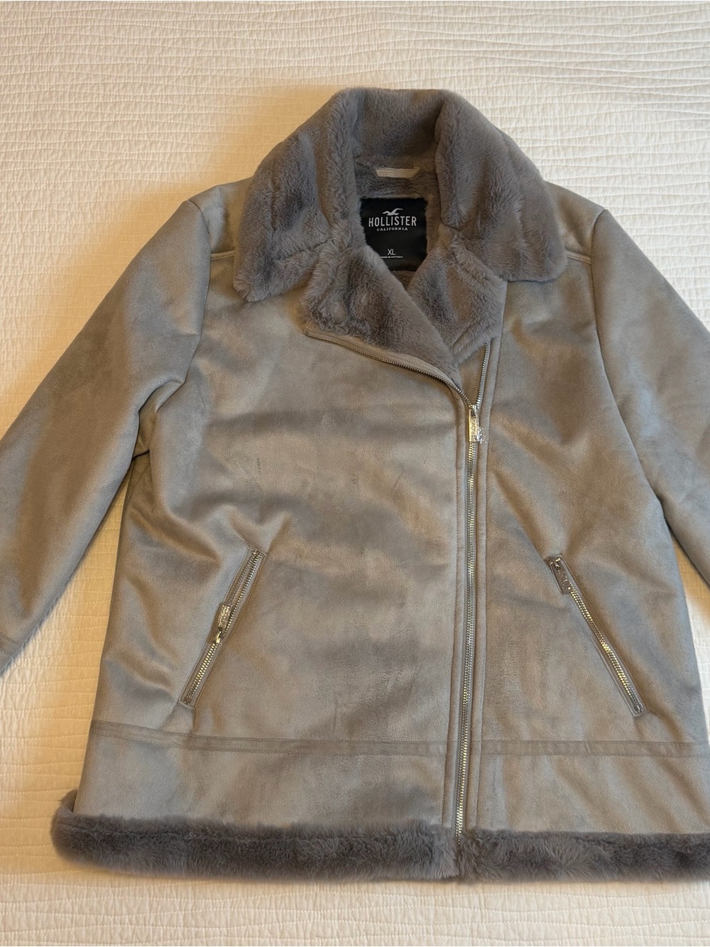 NEW Hollister Gray Faux Shearling Moto Jacket